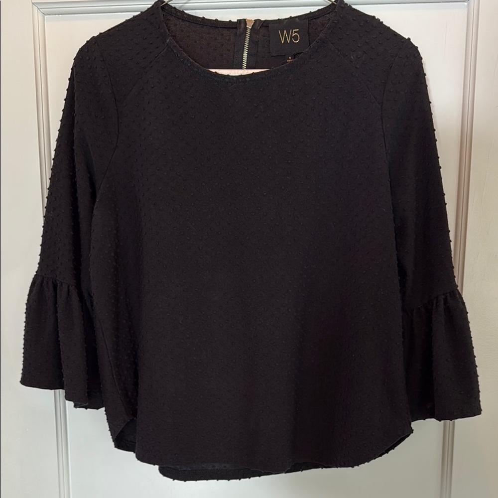 W5 Black Bell Sleeve Ruffled Blouse